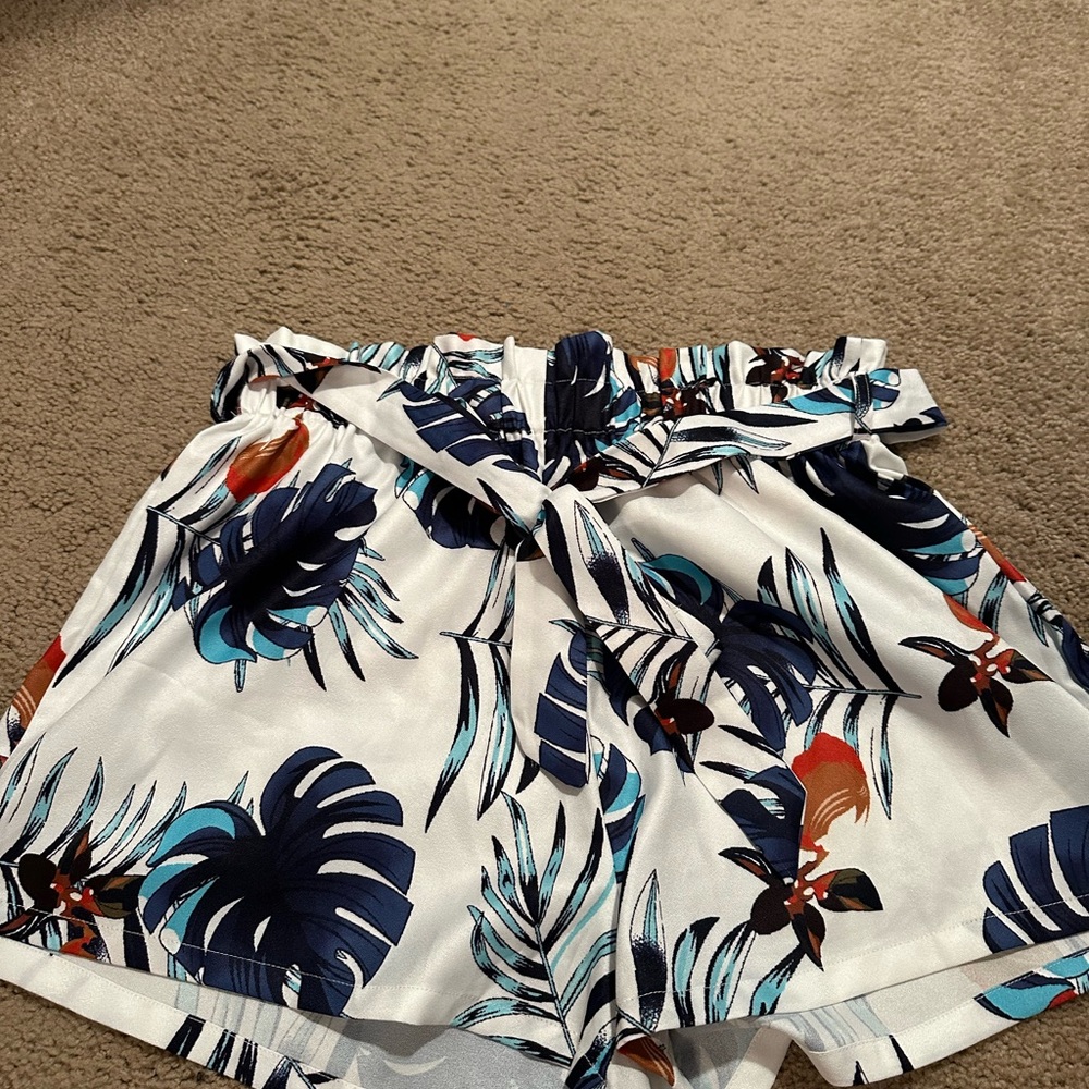 High Waist White and Blue Tropical Print Shorts